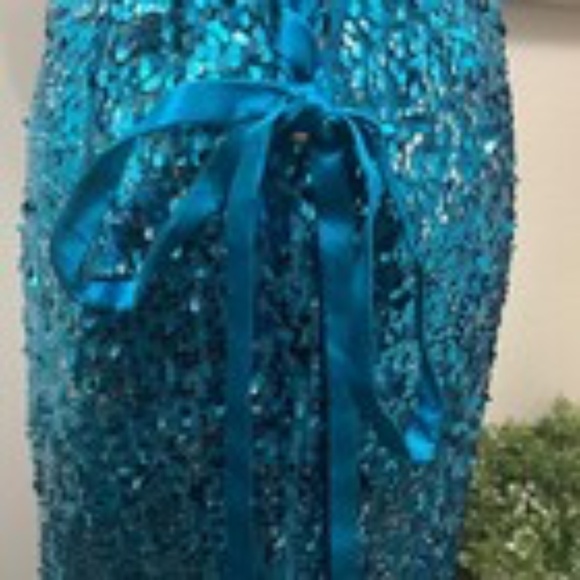 Sean Collection Sequined Lattice Back Mermaid Gown Dress Strapless Aqua Teal 10 - Picture 11 of 14